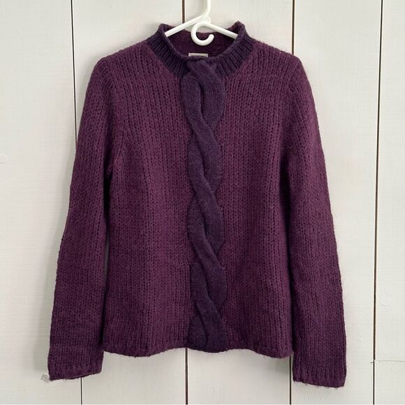 LL Bean Cable Knit Front Mohair Blend Sweater Violet Plum Sz M Fisherman Preppy - Picture 1 of 6